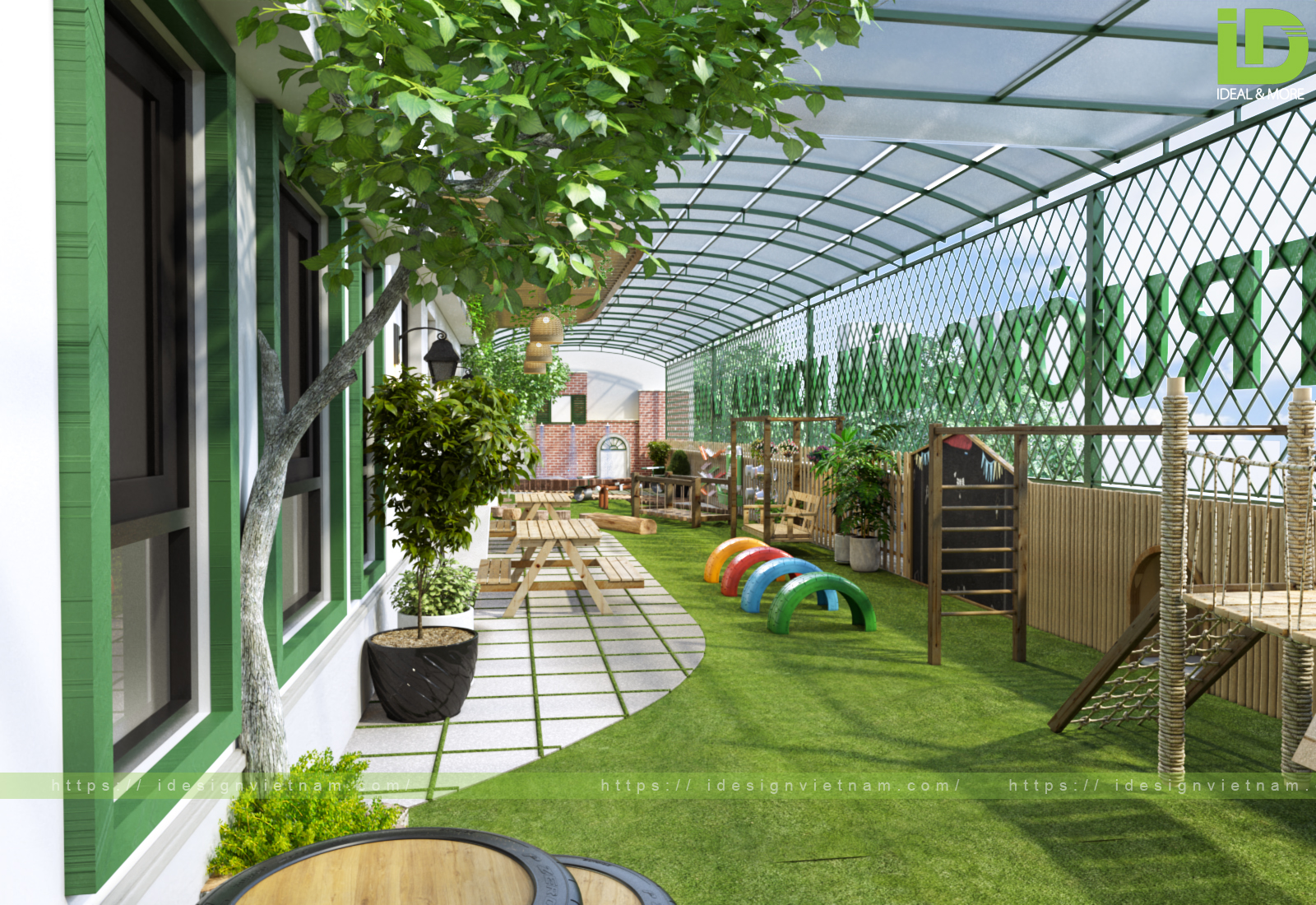 thiết kế sân vườn kết hợp sân chơi  cho trường mầm non